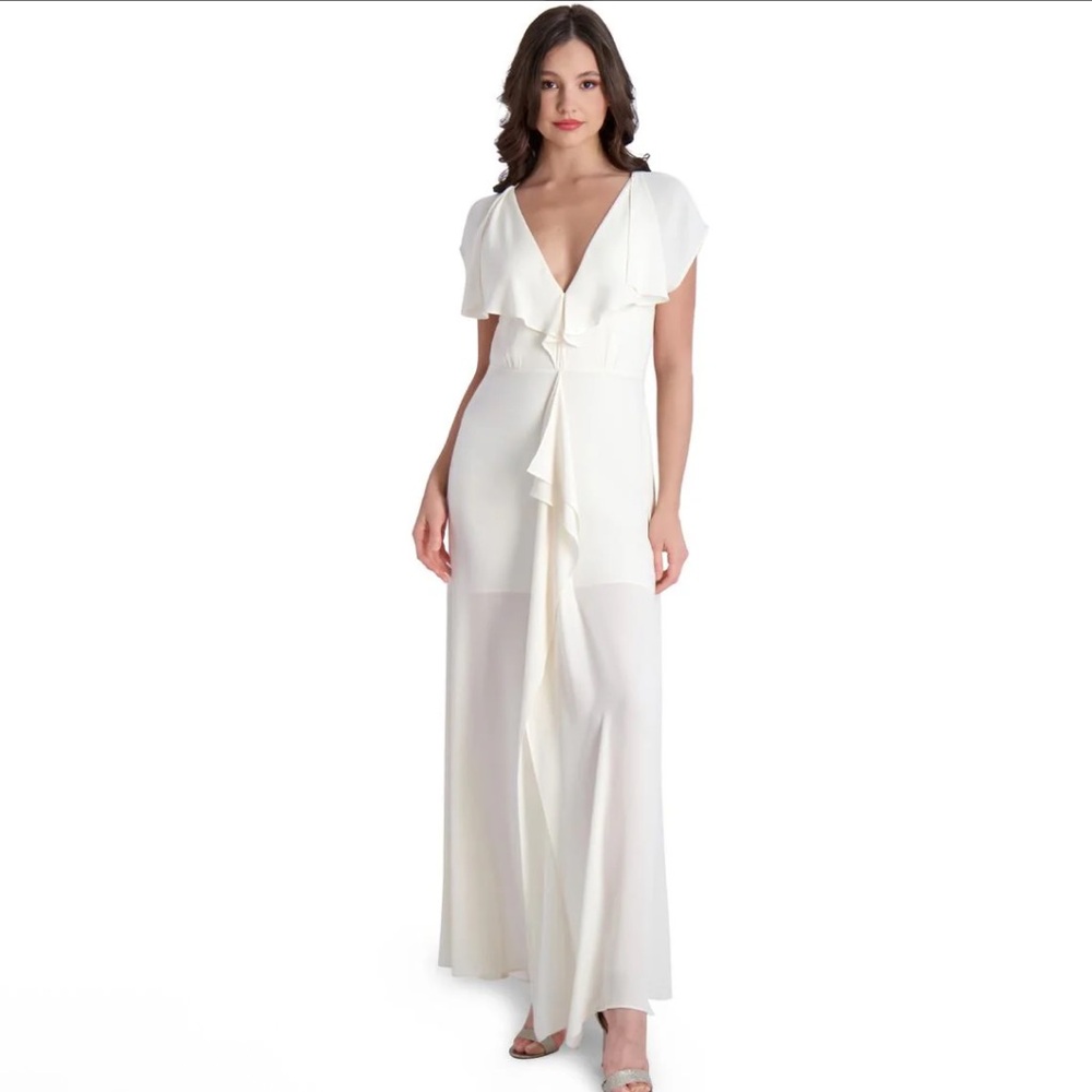 BCBGMAXAZRIA Elegant Ruffled Chiffon V-Neck Gown